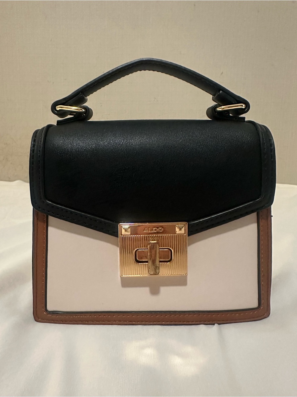 Aldo Black, Ivory & Brown Structured Top-Handle Mini Bag